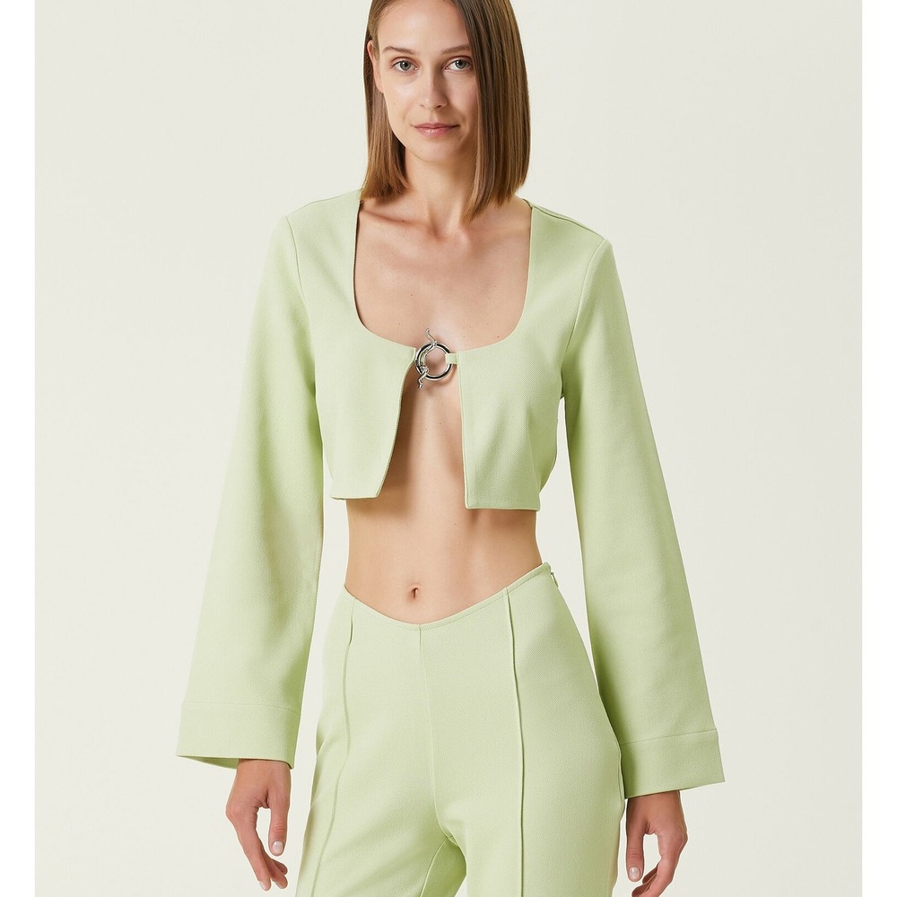 Ganni 6 Pale Pistachio Green Stretch Knit Cropped Shrug Cardigan Ring Fastener
